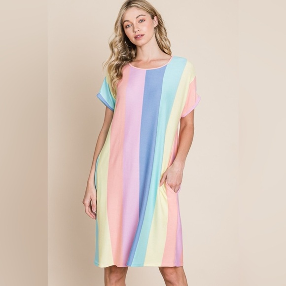 BOMBOM Striped Short Sleeve Dress with Pockets - Picture 5 of 6